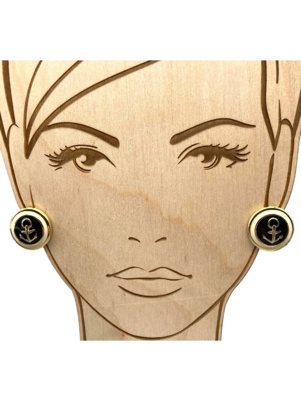 Vintage Enamel Anchor Earrings, Gold Tone Circles with Navy Blue and Cream Studs